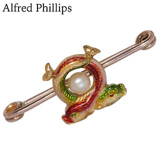 ALFRED PHILLIPS, ENAMEL AND PEARL DOLPHIN BROOCH, Set to the center with a pearl, flanked with 2 entwined dolphins, decorated with multi color enamel.