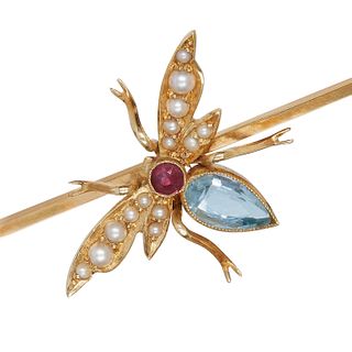 VICTORIAN AQUAMARINE, RUBY AND PEARL FLY BROOCH, The body set with an aquamarine and ruby. The wings set with pearls. L. 5.7 cm. 4.4 grams. With box.