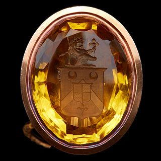 IMPORTANT LARGE VICTORIAN CITRINE INTAGLIO FOB SEAL, set with a large oval citrine intaglio of approx. 34.3 x 27.3 x 15.5 mm. The citrine with a carve