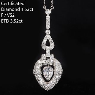 IMPORTANT DIAMOND DROP PENDANT NECKLACE, in platinum. The bottom suspending a 1.52 ct. pear shaped diamond, in a diamond set surmount. suspending from