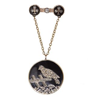 VICTORIAN ENAMEL AND DIAMOND SET MOURNING BROOCH. circular drop. decorated with a diamond encrusted bird seated on a fence. supported by a bar with di