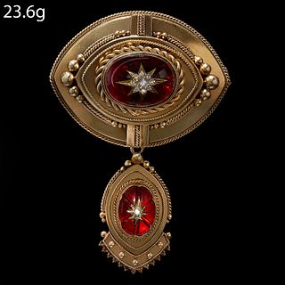 ANTIQUE VICTORIAN GARNET AND DIAMOND BROOCH. set with a large vibrant cabochon garnet with a diamond in the center, with a suspending garnet and diamo
