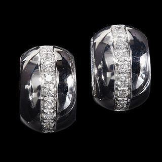 PAIR OF DIAMOND HOOP EARRINGS.  18 ct gold. set with a row of diamonds totalling approx 0.45 ct. 1.5 cm diameter. 14.7 grams.