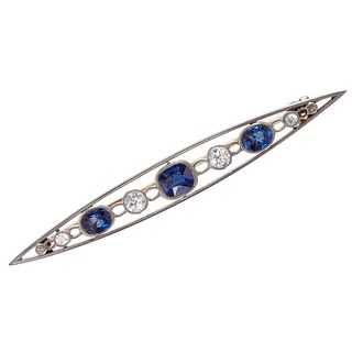 SAPPHIRE AND DIAMOND BROOCH. set with blue sapphires totalling approx 1.34 ct. diamonds totalling approx 0.30 ct. 3.6 grams.