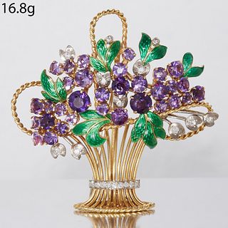 DIAMOND AMETHYST AND ENAMEL GIARDINETTO BROOCH. The flowers mainly set with amethyst, accentuated with green enameled leafs and diamond accents. The b