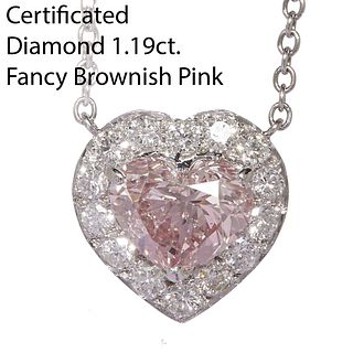 GIA CERTIFICATED FANCY BROWNISH PINK DIAMOND HEART PENDANT NECKLACE, set with a 1.19 Fancy brownish Pink heart brilliant cut diamond, flanked with whi