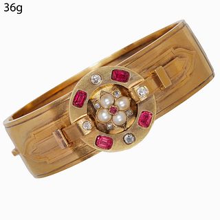 VICTORIAN RUBY, PEARL AND DIAMOND HINGED BANGLE. set with rubies totalling approx. 1.28 ct. diamonds totalling approx. 0.40 ct. 36 grams. With box.
