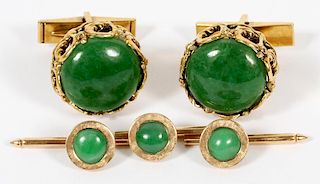 14KT GOLD AND JADE CUFFLINKS AND TIE-TACKS 5 PIECES