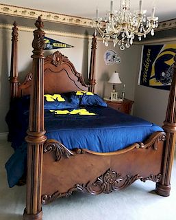 MODERN CARVED MAHOGANY FOUR POSTER BED AND CHEST