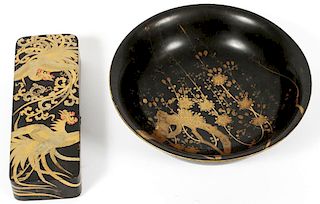 JAPANESE LACQUER BOX AND BOWL 2 PIECES
