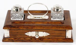 SHEAFFER PEN CO. OAK AND STERLING SILVER INK STAND