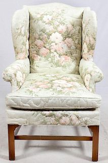 UPHOLSTERED WALNUT WING BACK ARM CHAIR