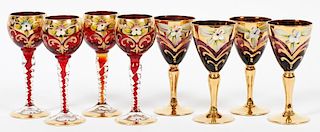 BOHEMIAN AMETHYST AND RUBY GLASS LIQUEURS 8 PIECES