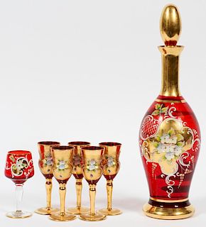 BOHEMIAN RUBY GLASS DECANTER AND GLASSES 7 PIECES