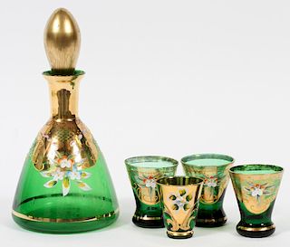 BOHEMIAN EMERALD GLASS DECANTER AND CORDIALS