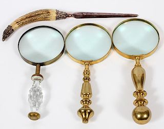 THREE ANTIQUE MAGNIFYING GLASSES & A LETTER OPENER