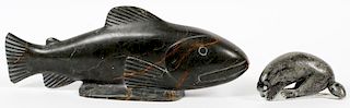 INUIT CARVED STONE FISH AND OTTER MID 20TH C 2 PCS.