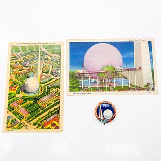 3pc Vintage 1939 New York Worldï¿½s Fair Postcards & Pin