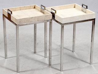 KNOLL STYLE FAUX SURFACE AND CHROME END TABLES, PAIR, H 22 1/2", W 14", D 14"