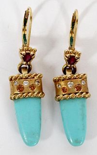 18 KT GOLD DIAMOND AND TURQUOISE EARRINGS PAIR
