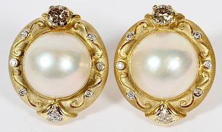 BROWN DIAMOND MABE PEARL AND GOLD EARRINGS