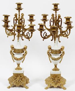 BRASS AND WHITE MARBLE CANDELABRA PAIR
