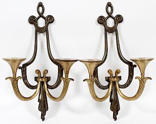 HOLLYWOOD REGENCY TWO-LIGHT PATINATED METAL SCONCES