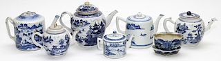 CHINESE BLUE AND WHITE PORCELAIN TEAPOTS & PLANTER