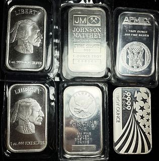 (6) Assorted 1 ozt .999 Silver Bars