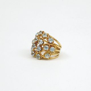 18K Yellow Gold Ring with 16 Light Blue Stones.