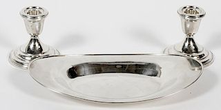 STERLING SILVER TRAY AND CANDLEHOLDERS THREE PIECES