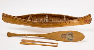 Birch Bark Canoe Model with Paddles