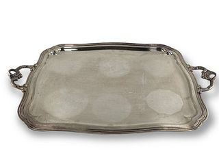 A SILVER PLATED SERVING TRAY WITH HANDLES