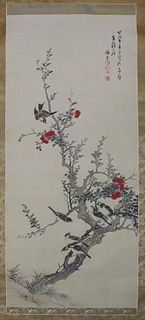 Signed Chinese Painted Scroll of Birds and Flowers