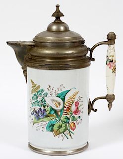 HAND PAINTED PORCELAIN AND PEWTER COFFEE POT