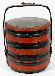 JAPANESE RED AND BLACK LACQUERED WICKER BASKET