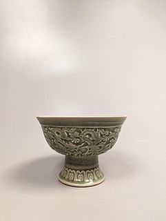 Qianlong-Style Carved Celadon Pedestal Bowl
