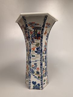 Blue and White with Enamel Porcelain Flared Hexagonal Vase