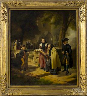 Alexander Hugo Bakker Korff (Dutch 1824-1882) oil on canvas of figures outside of a church, signed lower right, 23" x 20".