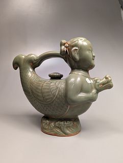 Large Celadon Figural Pottery Pouring Vessel