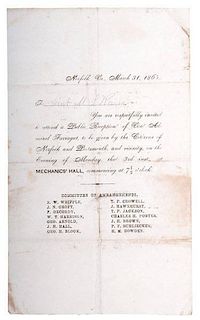 Public Reception for Vice Admiral D.G. Farragut, April 3, 1865 Invitation 