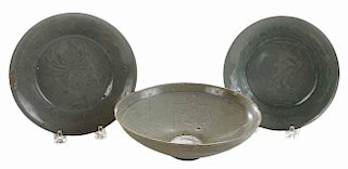 Koryo Celadon Bowl and Two Shallow