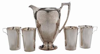 Sterling Water Pitcher and Four Tumblers