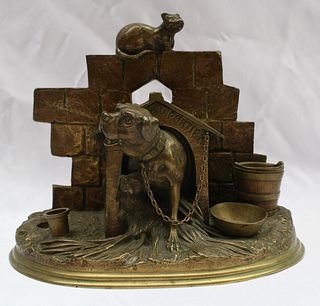 MAGNIFICENT 19 CENTURY FRENCH BRONZE DOG HOUSE INKWELL BY JULES MOIGNIEZ