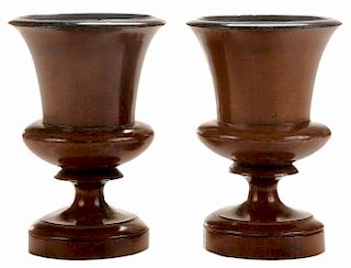 Pair Turned and Footed Wooden Urns
