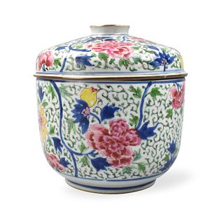 Chinese Blue and Famille Rose Covered Jar, 18th C.