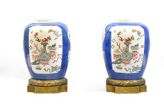Pair Chinese Blue Ground Famille Verte Jar,19th C.