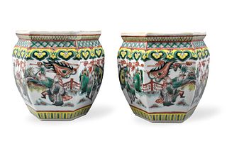 Pair of Chinese Famille Verte Hexagonal Jar,19th C