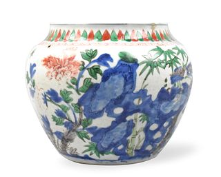 Chinese Wucai Porridge Jar w/ Birds, Kangxi Period