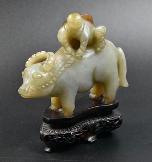 Chinese Jade Carved Boy on Buffalo & Stand,Qing D.